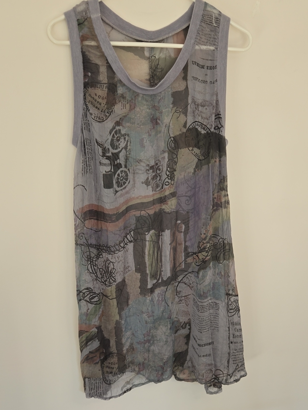 Light Lavender Gray Sheer Printed 100% Silk Sleeveless Tank Slip Dress Coverup
